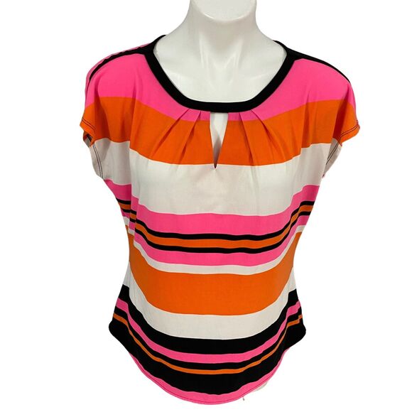 Worthington Top Womens Large Shirt Stripe Orange Pink Work Office Career Coastal - Picture 7 of 14